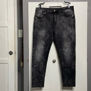 Kollar men Denim Black faded marble acid wash Skinny Jeans Raw hem Slim Size 40